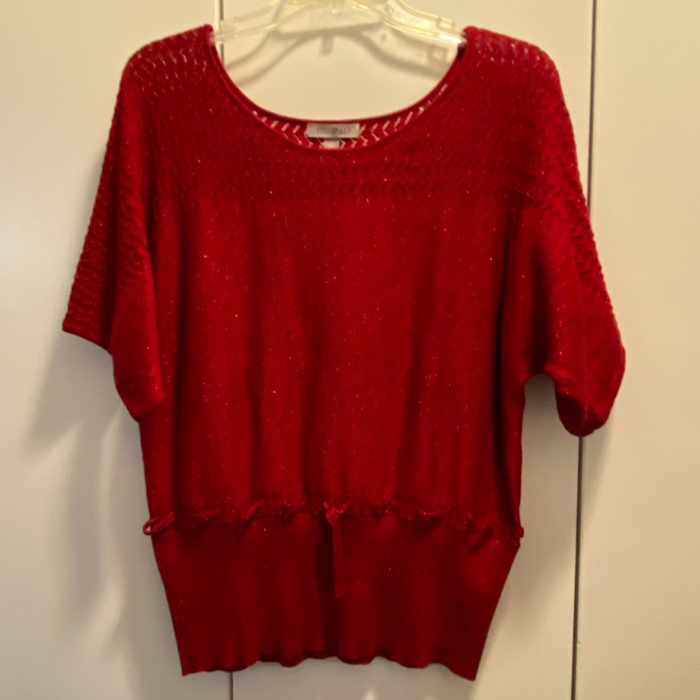Red Sparkly Knitted Cinch-Waist Top